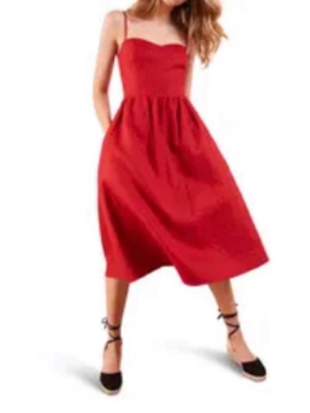 Reformation Olivia Red linen Midi Dress with Sweetheart Neckline